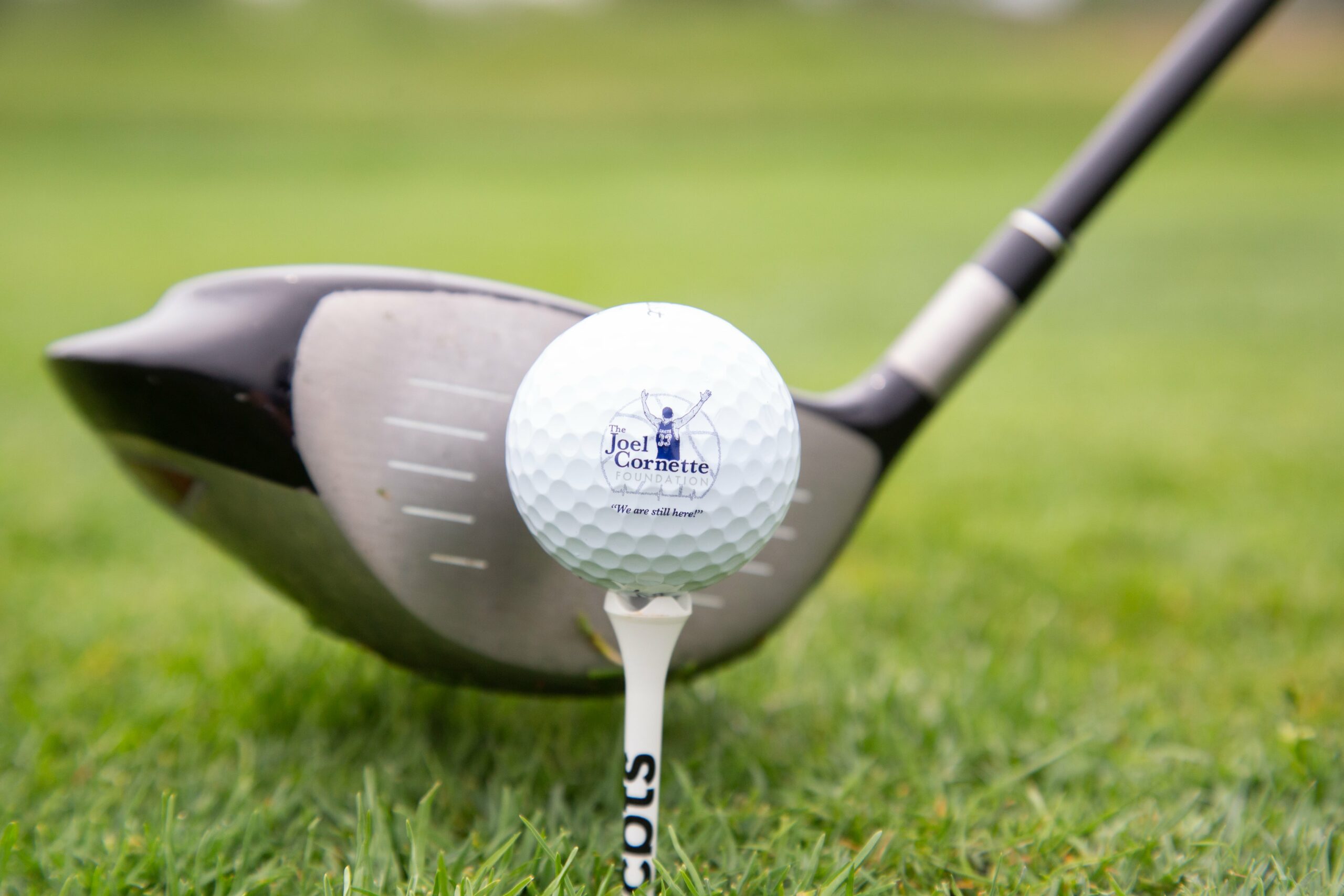 Close up of JCF golf ball and tee