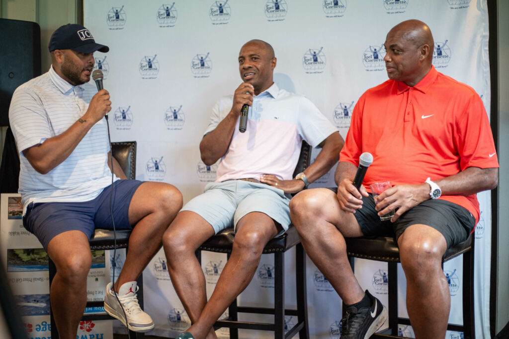 (left to right) Jordan Cornette, Jordan Jay Charles, and Charles Barkley speaking on a panel at the Joel Cornette Foundation 2022 Annual Golf Outing